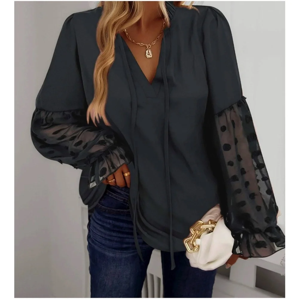 Boho Swiss Dot Sheer Sleeve Ruffle Blouse - Picture 1 of 14